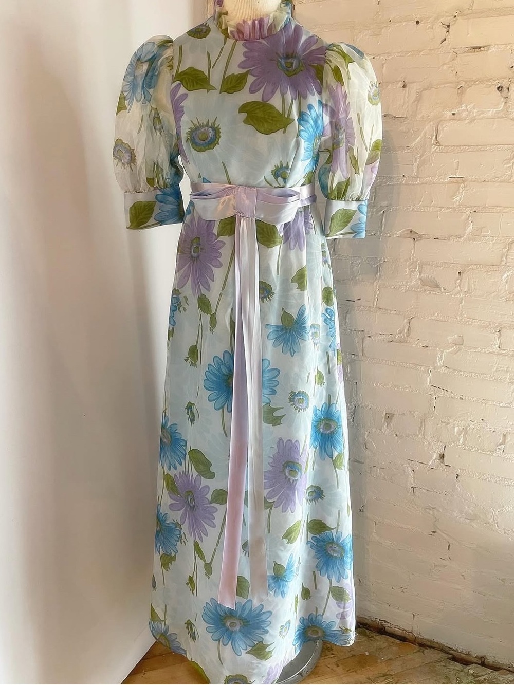 1960s Floral Maxi Dress in Blue, Lavender & Green